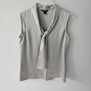 St John Silver Gray Tie Neck Sleeveless Button Blouse, s6